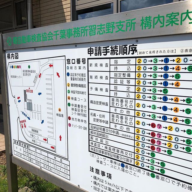 行ってみたかったので、ユーザー車検に同行。一発合格ならず…調整。目の前は習志野演習場、突如街中にあるのね。調整終わり、再度並ぶ！